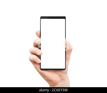 Mann`s Hand hält Handy mit leerem Bildschirm, isoliert auf weißem Hintergrund. Stockfoto